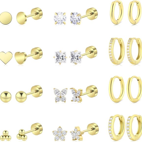 Hypoallergenic Surgical Steel Earrings Set, 12 Pairs, Gold & CZ Studs & Hoops fo - Picture 1 of 8